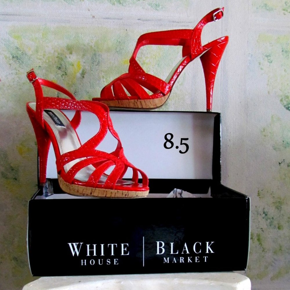 RED SHOES, 8.5, 8 1/2 WHBM STRAPPY 5" HEELS, WHITE HOUSE BLACK MARKET w BOX